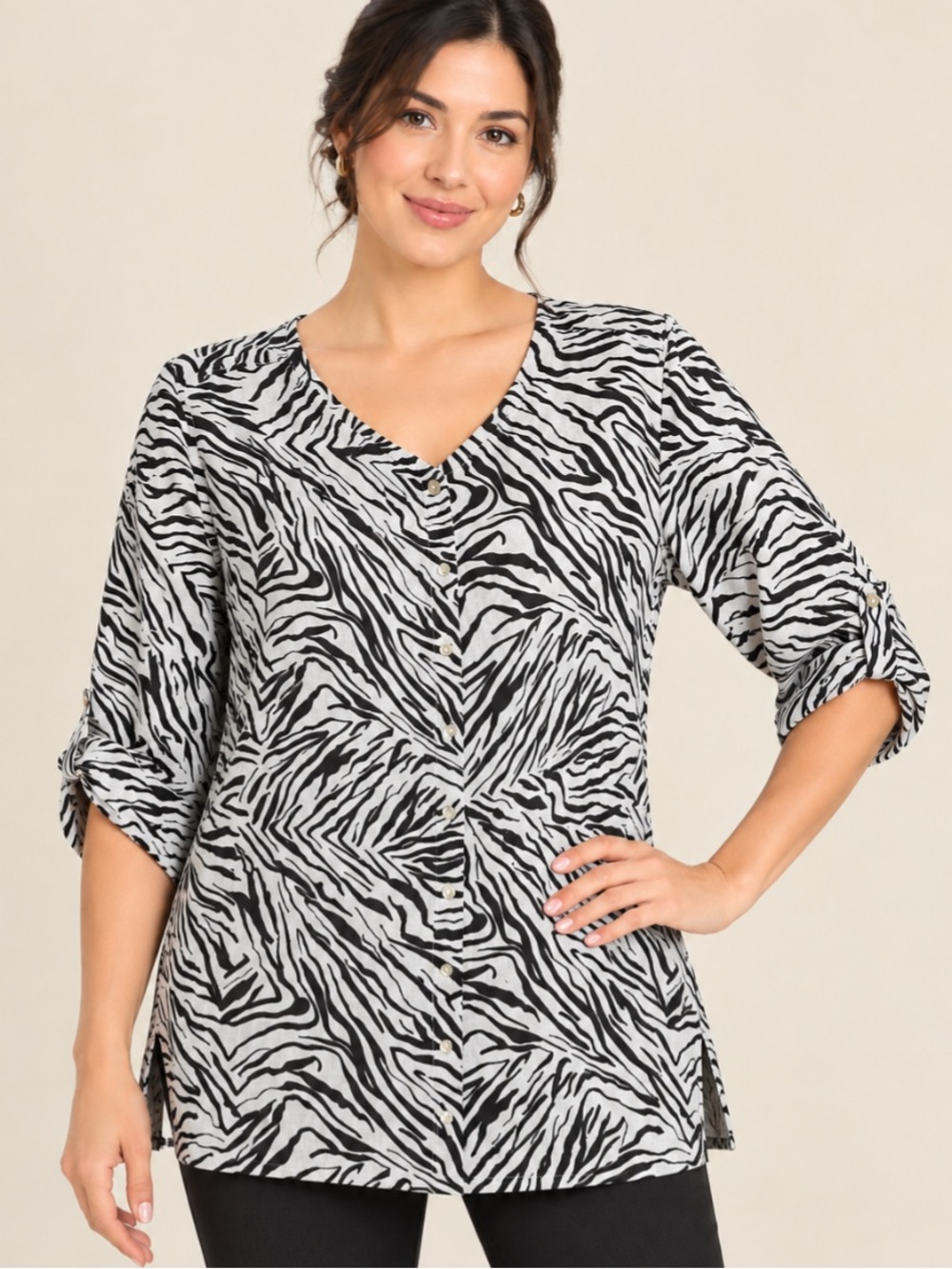 Cynthia Rowley 100% Linen Zebra Print Button-Front Tunic Top - Black & White 2X